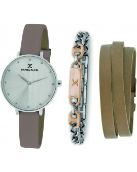 Coffret de montre femme Daniel Klein avec 1 bracelet en acier et 1 bracelet en cuir facilement réglable, garantie 2 ans.