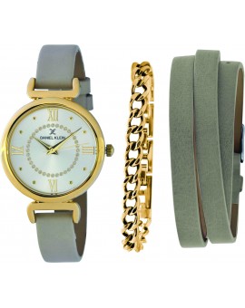 Coffret de montre femme Daniel Klein avec 1 bracelet en acier et 1 bracelet en cuir facilement réglable, garantie 2 ans.