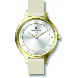 Montre plate pour femme Daniel Klein avec un bracelet cuir diamètre 3,2 cm, garantie 2 ans.
