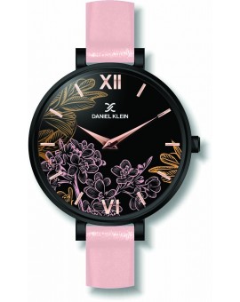 Montre avec design fleuri pour femme Daniel Klein avec un bracelet cuir diamètre cadran 3,2 cm, garantie 2 ans.