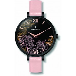 Montre avec design fleuri pour femme Daniel Klein avec un bracelet cuir diamètre cadran 3,2 cm, garantie 2 ans.