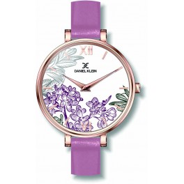 Montre avec design fleuri pour femme Daniel Klein avec un bracelet cuir diamètre cadran 3,2 cm, garantie 2 ans.