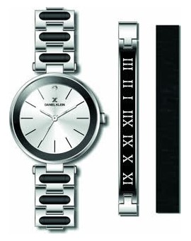 Coffret de montre femme Daniel Klein avec 1 bracelet en acier et 1 bracelet en cuir facilement réglable, garantie 2 ans.